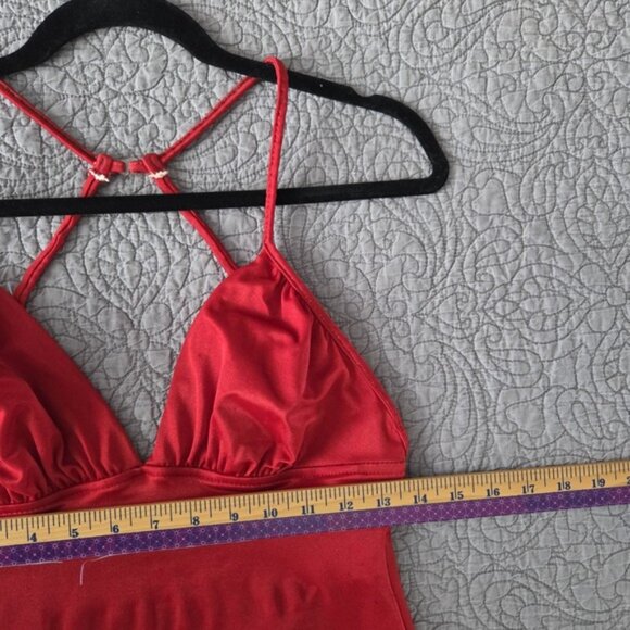 Vtg 80s 90s Malibu M/L Swimsuit One Piece Red Open Back Halter Racerback Retro - Picture 12 of 12